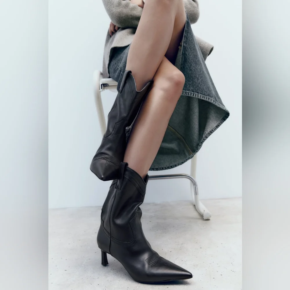 ZARA LEATHER COWBOY HEELED ANKLE BOOTS